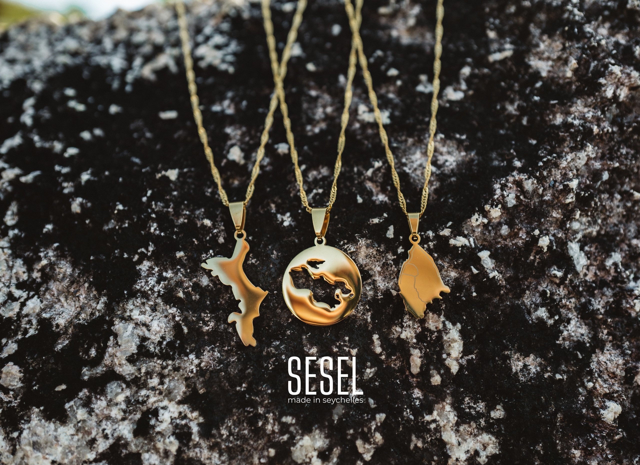 The three SESEL island necklaces on Seychelles granite